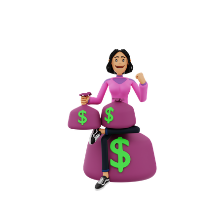 Mädchen mit Geldsäcken  3D Illustration