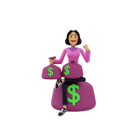 Mädchen mit Geldsäcken  3D Illustration