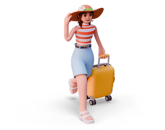 Mädchen mit Hut eilt mit Koffer  3D Icon