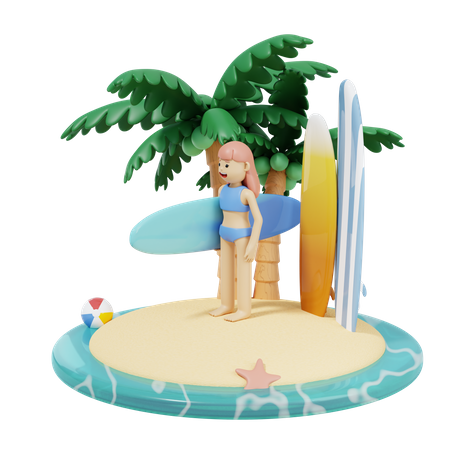 Mädchen mit Surfbrett  3D Icon
