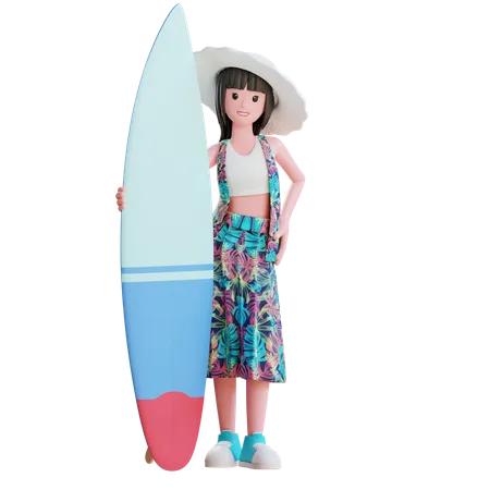 Mädchen mit Surfbrett  3D Illustration