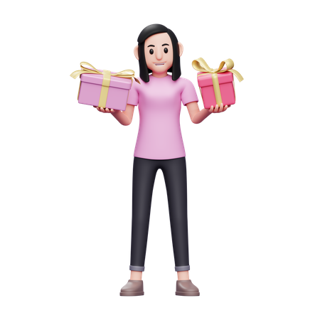 Mädchen mit zwei Valentinsgeschenken  3D Illustration