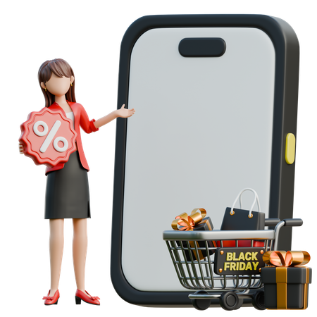 Mädchen öffnet aufgeregt eine Shopping-App  3D Illustration