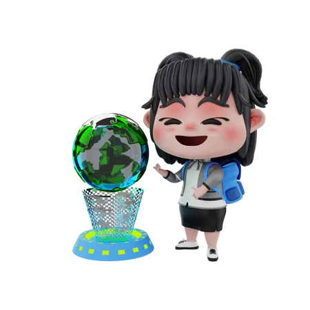 Mädchen betrachtet Globus  3D Illustration