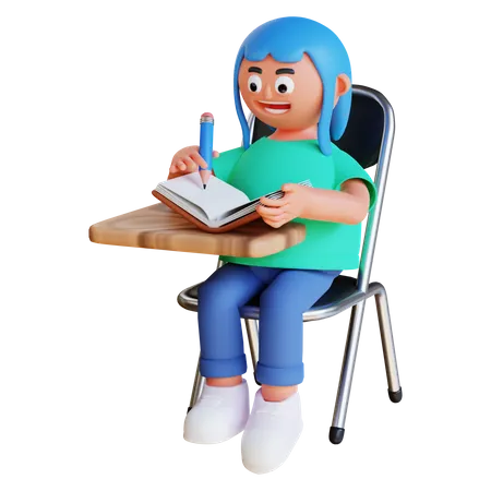 Mädchen schreibt in Buch und sitzt auf Stuhl  3D Illustration