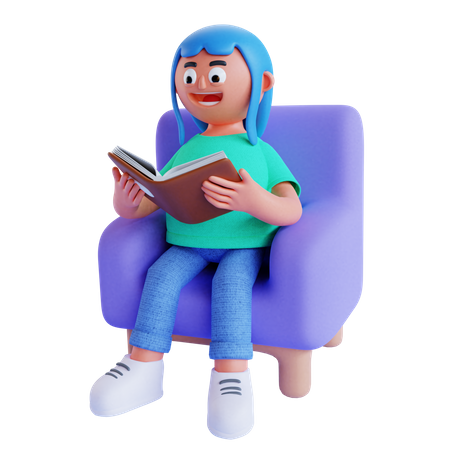Mädchen sitzt auf dem Sofa und liest ein Buch  3D Illustration