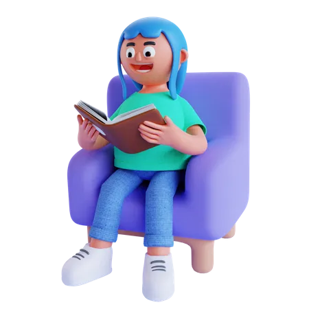 Mädchen sitzt auf dem Sofa und liest ein Buch  3D Illustration