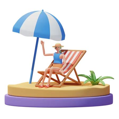 Mädchen Sonnenbaden auf dem Stuhl am Strand  3D Illustration