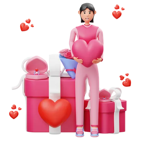 Mädchen stehen, während sie ein Herz in der Hand halten und den Valentinstag feiern  3D Illustration