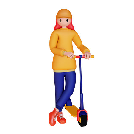 Mädchen steht neben Elektroroller  3D Illustration