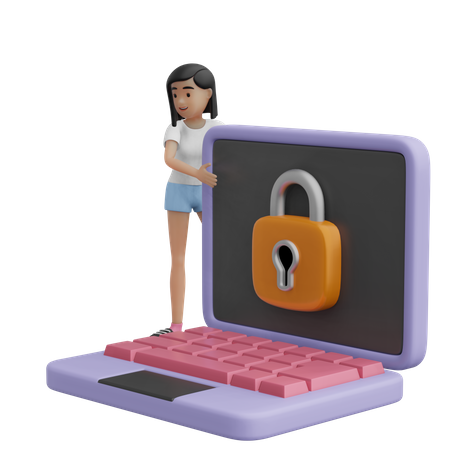 Mädchen und gesperrter Laptop  3D Illustration