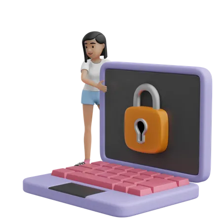 Mädchen und gesperrter Laptop  3D Illustration