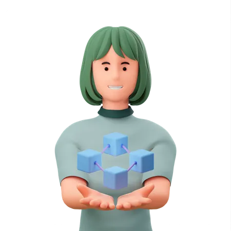Mädchen zeigt Blockkette in der Hand  3D Illustration