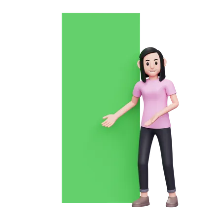 Mädchen zeigt etwas auf Banner  3D Illustration