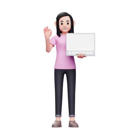 Madchen Halt Laptop Und Gibt Mit Der Hand Ein OK Zeichen 3 D Rendering Charakterillustration 3D Illustration