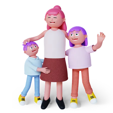 Madre con hijo e hija  3D Illustration