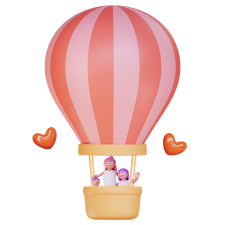 Madre con hijos viajando en globo aerostático  3D Illustration