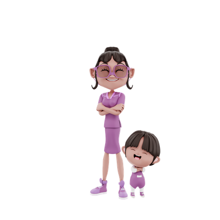 Madre e hijo de pie  3D Illustration