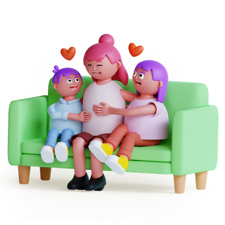 Mãe com filhos sentados no sofá  3D Illustration