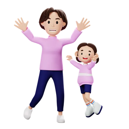Mãe e logo comemora com pulos  3D Illustration