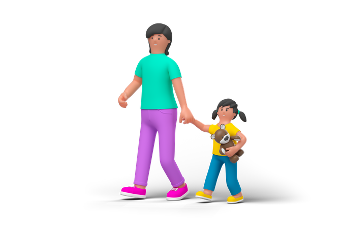 Mãe andando com a filha  3D Illustration