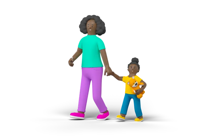 Mãe andando com a filha  3D Illustration
