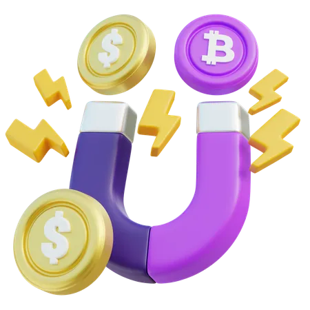 3 D Rendered Image Showcases A Vibrant Purple Magnet Pulling Towards Gold Coins With Dollar And Bitcoin Representing The Allure And Integration Of Traditional And Digital Currencies 3D Icon