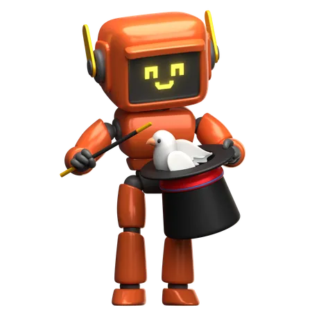 Mago robot naranja con paloma  3D Illustration