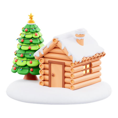 Maison de neige et arbre de Noël  3D Icon