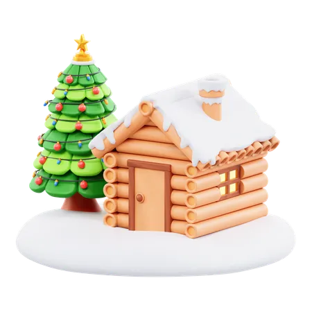 Maison de neige et arbre de Noël  3D Icon
