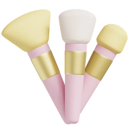 3 D Set Of Three Makeup Brushes With Pink Handles And Golden Details 3D Icon