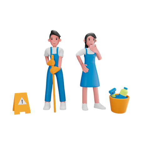 Male and female cleaning workers  3D Illustration