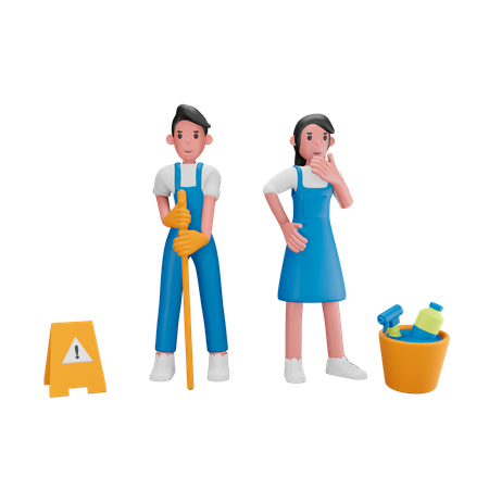 Male and female cleaning workers 3D Illustration