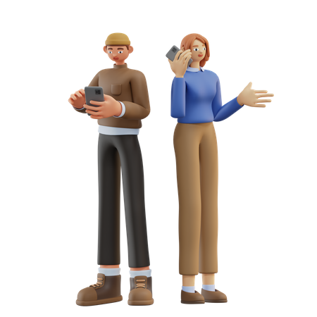 Male and female employee chatting on phone 3D Illustration