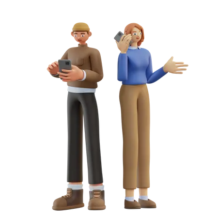 Male and female employee chatting on phone 3D Illustration