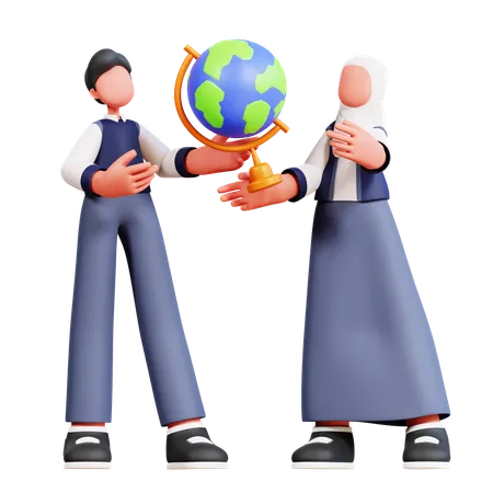 Male And Female Holding Globe  3D Illustration