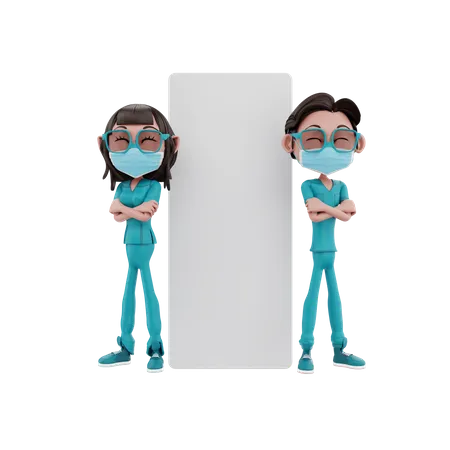 Male and female nurse standing near blank board  3D Illustration