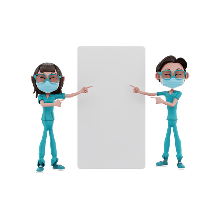 Male and female nurses pointing placard 3D Illustration