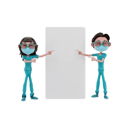 Male and female nurses pointing placard  3D Illustration