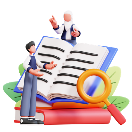 Male And Female Student Doing Book Research  3D Icon