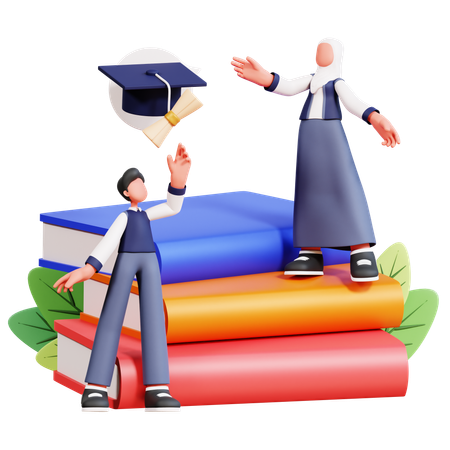 Male And Female Student Getting Graduation Degree  3D Icon