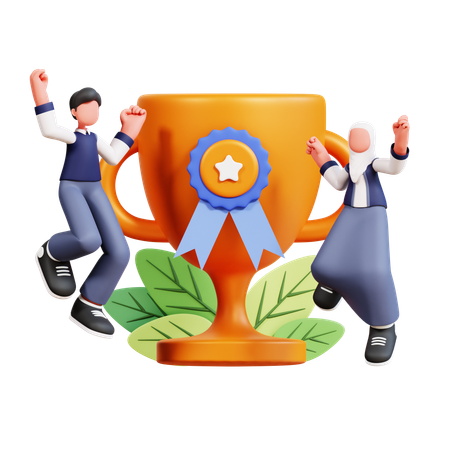 Male And Female Student Getting Trophy Cup  3D Icon