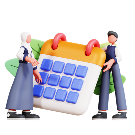 Male And Female Student Standing With Academic Calendar  3D Illustration