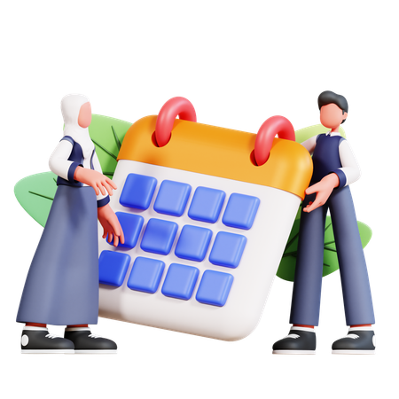 Male And Female Student Standing With Academic Calendar  3D Icon