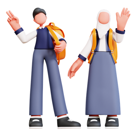 Male And Female Student Standing With School Bag While Waving Hand  3D Illustration