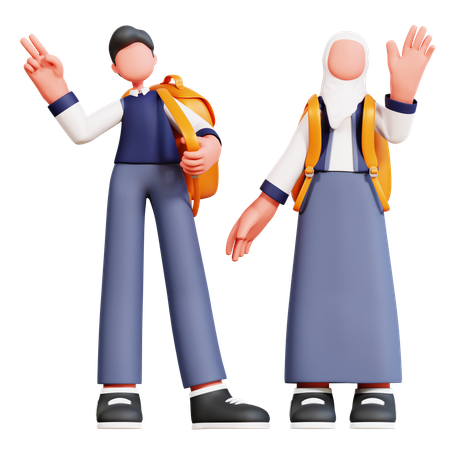 Male And Female Student Standing With School Bag While Waving Hand  3D Icon