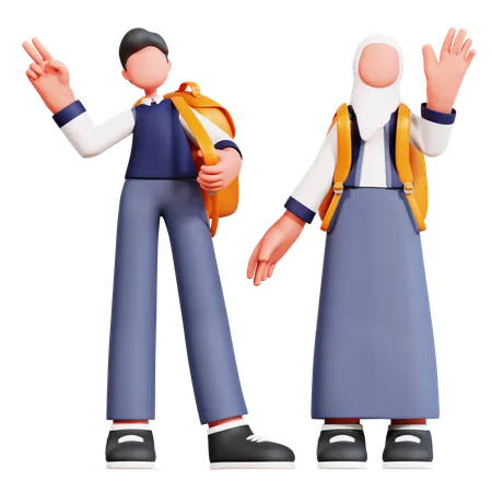 Male And Female Student Standing With School Bag While Waving Hand  3D Illustration