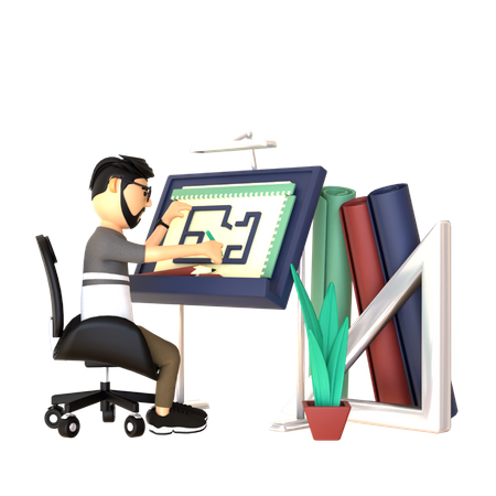 Male architect designing blueprint  3D Icon