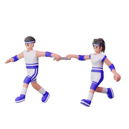 Male Athletes Running In Relay Race  3D Illustration