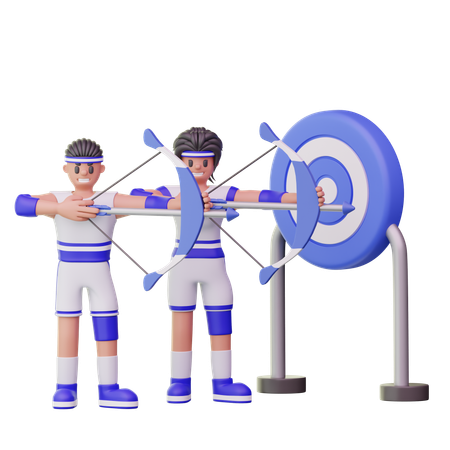Male Athletes With Bow And Arrow Pointing At Target  3D Illustration